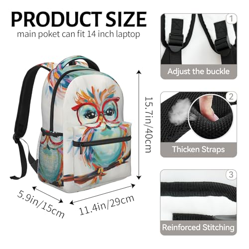 Colorful Owl Backpack for Women Teen Girls School Laptop College Artistic Big Glasses Owls Backpacks for Gifts Travel Hiking Work Camping, Polyester Lightweight Aesthetic Bookbag Back Pack - color: Owl07