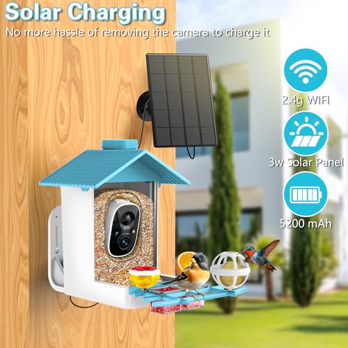 TayePin Bird Feeder with Camera Solar Powered & AI Identify 10,000+ Birds Species, 2.4Ghz WiFi Smart Feeding, 2K HD Live Video for Outdoor, IP65 Waterproof, Instant Arrival Alerts, Bird Lover Gifts