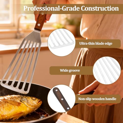 Fish Spatula Wide Slot, Premium Stainless Steel with Wood Handle for Flipping Fish, Eggs, Pancakes & Burgers (Small) - size: Small