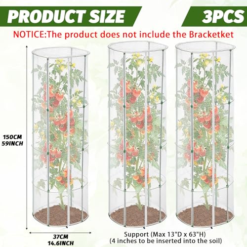 3 Pcs Garden Bird Netting Cover for Round Tomato Cage, 59" x 14.6" - Fits 13" D x 63" H Cage, Tomato Trellis Plant Net Cover with Zipper & Drawstring, Insect Barrier for Protecting Vegetables Fruits