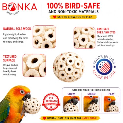 Bonka 1214 Pk3 2.25" Sola Atta Balls Bird Foot Chew Toy Small Medium | Soft lightweight natural pith encourages shredding, chewing, tossing, and foot play - color: Pk3 Sola Atta Balls