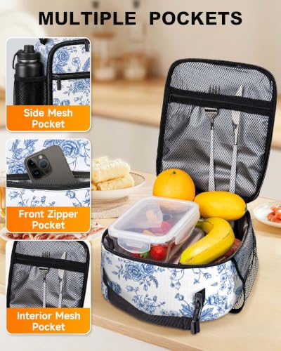 Girls Lunch Box Women Insulated Lunch Bag for Kids Adult, Blue Floral | Reusable Lunchbox, Cooler Tote Bag with Cup Holder, Lightweight, High Capacity, Multiple Pockets for School Work Travel - color: Blue Floral