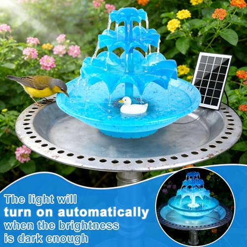 Yeomi 3-Tier Solar Fountain Pump with LED Lights, 24H Outdoor Water Feature, Detachable Design, Multi-Function Bird Bath Water Fountain for Garden Patio Yard Backyard Pond, 3.5W - color: Blue