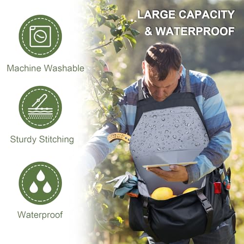 Gardening Apron Waterproof Cross Back Apron, Extra 600D Heavy Duty Apron Harvest and Large Quick Release Pockets - color: Black, size: Medium