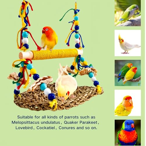 Parakeet Swing Toys Natural Bird Grass Mat,Parrot Swing Perch | Parrot Climbing Hammock With Chew Toys For Cockatiel, Sun Conure, Lovebird, Budgie