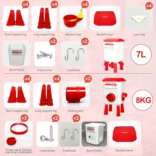 Chicken Feeder and Waterer Set, Chicken Coop Accessories with Hanging Chicken Feeder and Hanging Chicken Waterer Kit No Waste, 2 Gallon/18 Pounds, Red - color: Red, size: 8KG