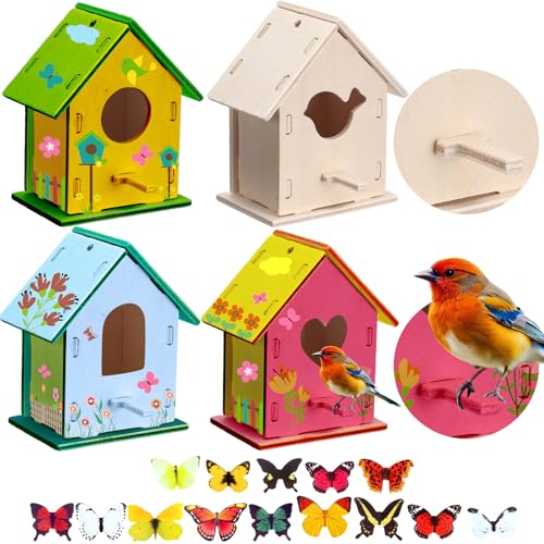 Outus 24 Pcs Wooden DIY Birdhouse Kits for Kids to Build, 4 Shapes Birdhouse Kit Wooden Unfinished with Butterfly Sticker for Boy Girl Arts Crafts(Lovely) - style: Lovely
