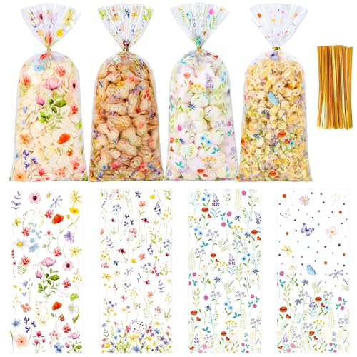 QOIUSO 100 PCS Wildflower Party Cellophane Treat Bags - 4.9 x 10.8 Inch Plastic Floral Party Favor Bags with Twist Ties - Clear Candy & Cookie Gift Bags for Baby Shower, Bridal, Wedding, Birthday - color: Wildflower-100pcs