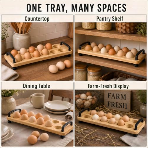 Wooden Egg Holder for Countertop, 12 Eggs Farmhouse Storage Tray | Natural solid pine wood, waterproof coating, rustic countertop egg storage display, black iron handles with ball feet
