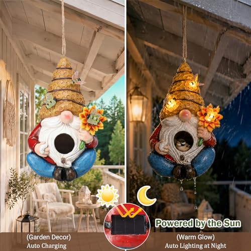 Yinns Bird House, Decorative Hanging Solar Gnome Birdhouse for Garden Decor | Birdhouses for Outdoors, Hanging Funny Bee Solar Gnome Birdhouse for Outside Cardinal Bluebird Wild Birds Nesting - color: D-Bee Solar Gnome