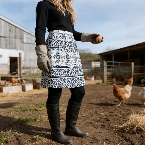 CUTHOLLOW Egg Collecting Apron for Adlut, Housewife, 18 Deep Pockets Hen Egg Gathering Holding Apron with Elastic Closures - style: Vintage Blue and White Classic Pattern