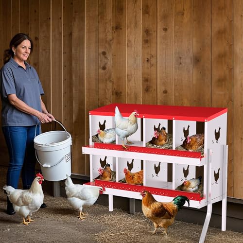 GarveeLife 8 Compartment Chicken Nesting Box with Metal Legs, Nesting Boxes for Chickens, Metal Chicken Laying Boxes with Perch, Secure Lid, Versatile Wall Mount or Free Standing for Hens, Red - color: red, size: 8 grids with legs