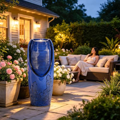 Autodaya 33" H Ceramic Jar Outdoor Water Fountain with Lights, Cobalt Blue | Natural Charm Water Feature with 3D Tropical Leaf Pattern, Soothing Cascading Waterfall for Peaceful Garden Patio Yard Porch - color: 32"h Cobalt Blue New