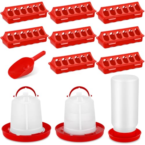 12 Pcs Chick Waterer and Feeder Kit 12-Hole Flip-top Chicken Feeders 1 L Chicken Water Dispenser 1.5 L Hanging Waterer & Feed Scoop Chick Starter Kit for Poultry Brooder