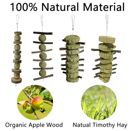 LWINGFLYER 4 Pack Bunny Chew Toys Apple Wood Chews Rabbit Cage Hanging Grass Cake Snack Treat for Teeth Grinding Improve Small Pet Guinea Pigs Chinchillas Hamsters Parrots Dental Health