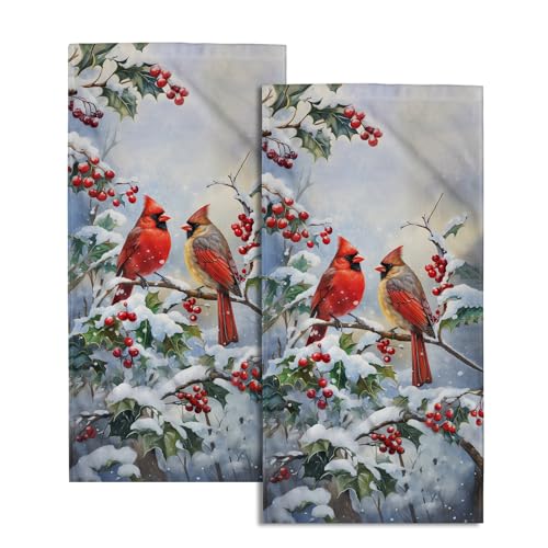 Winter Red Bird Hand Towels Pack of 2 Sweet Couple Cardinal Fingertip Towels Birds Holly Berry Branches Snow Christmas Holiday Bathroom Towels Soft Fast Drying Face Towel for Kitchen Spa Gym - color: Winter Bird