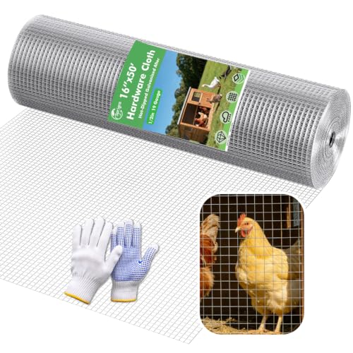 Hardware Cloth 16" x 50ft 19 Gauge, 1/2" Chicken Wire Fencing Galvanized Rust-Resistant, Wire Mesh, Poultry Animal Netting for Chicken Coops, Protective Barriers, Garden Fencing (Gloves Included) - size: 1/2" 16" x 50ft 16Ga