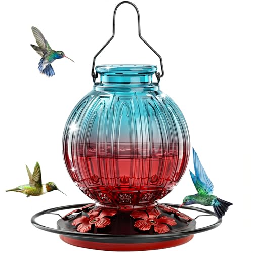 Glass Hummingbird Feeder for Outdoors Hanging, 26 fl oz Bird Nectar Feeder | 5 Metal Flower Feeding Ports, 360° Perch Ring, Easy Refill & Clean, Leakproof, Ideal for Backyard, Garden Decor, Blue & Red - color: Blue-Red Gradient