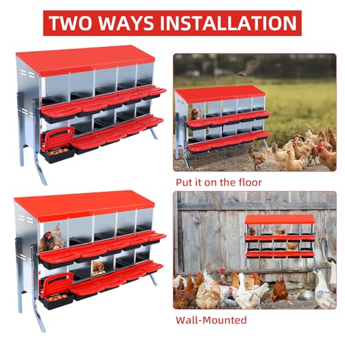 GarveeHome 2-Tier Chicken Nesting Box, 10 Compartment Metal Chicken Laying Boxes with Waterproof Roof ＆ Removable Trays for Hens, Poultry，Easy Egg Collection - color: Red, size: 10 holes with legs