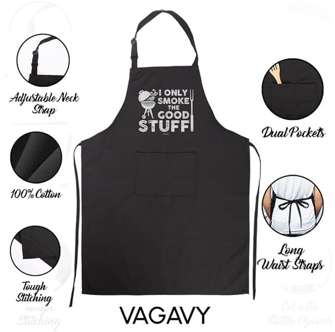 VAGAVY 100% Cotton, Black Funny Aprons for Men, Dad, Husband - Birthday, Father’s Day Grilling Gifts for Papa, Husband. - color: I Only Smoke the Good Stuff - Black