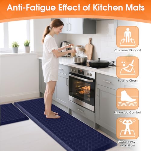 TranquilRelax 4/5 Inch Cushioned Anti Fatigue Kitchen Mats for Floor, Blue | 2PCS Kitchen Rugs, Non-Slip Standing Desk Mat, Comfortable Standing Rug Set for Kitchen & Laundry, 17.3"×30"+17.3"×59" - color: Blue, size: 2-Piece | 28"+59" | Extra Thick