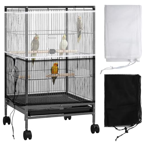 2 Pack Bird Cage Seed Catcher Guard, Adjustable Bird Cage Mesh Net Cover | Heavy Duty Nylon Mesh Netting for Parrot Parakeet Macaw African - size: Large