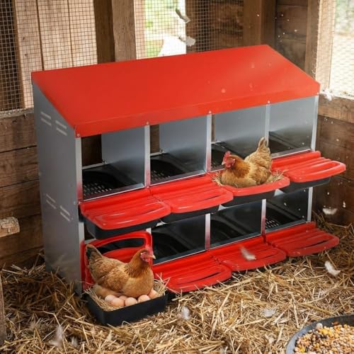 Garvee Chicken Nesting Boxes, 8 Hole Metal Chicken Laying Box with Removable Trays for Chicken Coop, Red - color: red, size: 8 grids