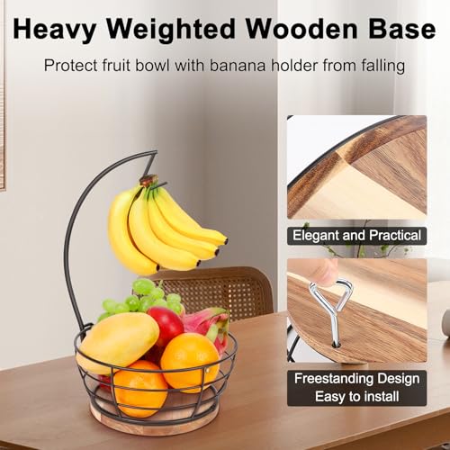 Livabber Countertop Fruit Basket Bowl with Banana Hanger, Modern Standing Fruit Vegetable Bowl Storage, with Banana Tree Holder for Kitchen Dinning Table (Round Wood, Black) - color: Black, style: Round Wood
