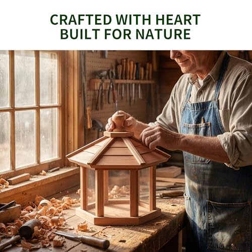 Solution4Patio Bird Feeder for Outdoors - USA Cedar Hexagon Gazebo Bird Feeders with Vented Mesh Tray, Easy-Clean & Fill Design 9.6" Dia. X 8.7" H 3.2-lb Capacity - style: Hexagon Gazebo