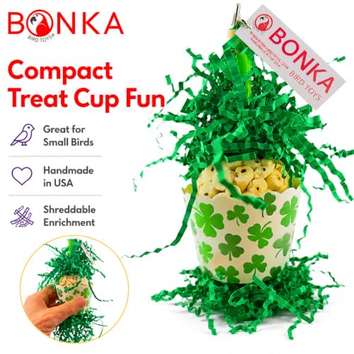 Bonka Bird Toys 2778 Shamrock Sola Cup 7" x 3" Cardboard and Natural Sola Atta Ball Bird Foraging and Chew Toy with Crinkle Paper and Quick Link for Parakeet Cockatiel Conure Quaker - size: Pack of 1