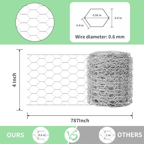 Chicken Wire 4 in x 787 in Poultry Wire Netting Hexagonal Galvanized Mesh Garden Fence Barrier for Pet Rabbit Chicken Fencing with 100 Pcs Cable Zip Ties - color: Silver, size: 4"x787"+100Ties
