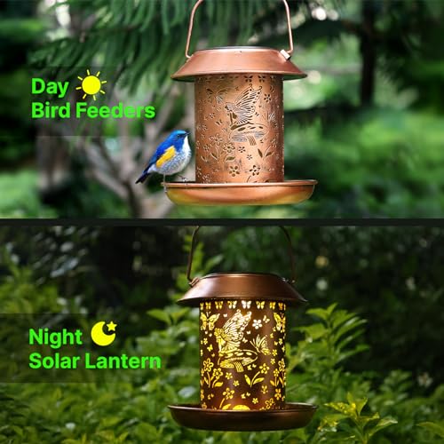 Solar Bird Feeders for Outdoors Hanging,Metal Waterproof Outdoor Summer Bird Feeders Lantern Modeling Decor,Wild Bird Feeder Weather Resistant Gifts for Friends,Yard,Patio,Porch,Balcony - size: 1pack Butterfly