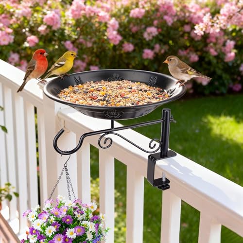 Balcony Bird Feeder, Bird Bath with Plant Hook for Outdoors, Black | Deck Mounted, Heavy Duty, Garden Hanger for Hanging Planters, Lanterns, Wind Chimes, Easy to Install, Gifts for Women Men - style: 1 Tray with Hook