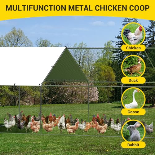 Takywep Walk-in Metal Chicken Coop, 9.8×19.7×6.6FT Galvanized Poultry Cage with Spire Roof, Waterproof UV Cover & Dual Doors, Heavy Duty Large Hen House for Backyard Farm, Suitable for Duck Quail - size: 118.1"L x 236.2"W x 78.7"H