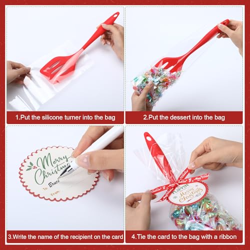 Reallnaive 24 Pack Christmas Silicone Turner Spatulas Heat Resistant | Christmas Cooking Utensils Gifts Set, Slotted Design for Draining, 24 Transparent Plastic Bags, 24 Round Cards, Ribbon