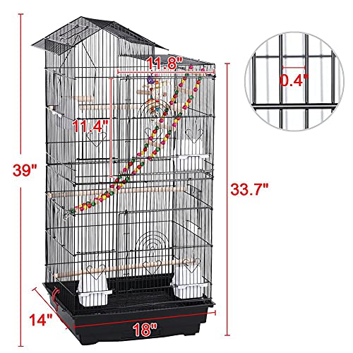Yaheetech 39" Roof Top Flight Cage with Toys, Wrought Iron Bird Cage for Cockatiels, Conures, Lovebirds, Budgies & Small Birds - color: Black