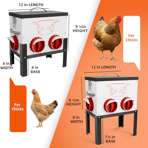 Automatic Chicken Feeder No Waste 35 Pounds 6 Ports Metal Poultry Feeder with Latch & Handle Adjustable Height Heavy-Duty Stand - Outdoor Feeding Station for Chickens, Ducks & Geese