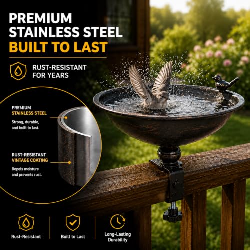 12 Inch Deck Mounted Bird Bath & Bird Feeder for Deck Railing, Clip On | Clamp On Bird Feeder, Porch Bird Bath, Fence Mount Railing Bird Feeder, Patio Garden, Rust Resistant Solid Metal 2-in-1