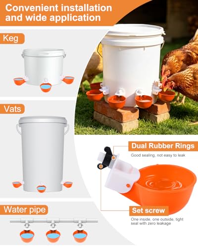 Chicken Waterer Cups (16 Pack) with 3/8" Drill Bit - Orange | Automatic Poultry Drinker Feeder Kit for Chickens, Ducks, Turkeys, Quail, Bunnies | DIY Gravity Fed Bucket Water Dispenser - color: Orange, size: 16 Pack + Drill bit