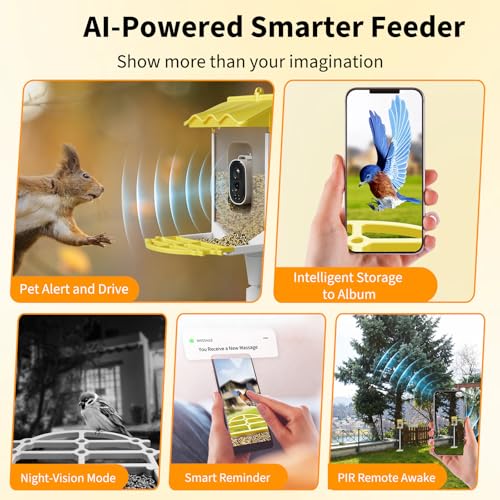 GarveeLife Smart Bird Feeder with 2K Camera & AI Recognition,Solar Powered | 2L Capacity, Night Vision, App Alerts, Auto Capture Photos/Videos for Bird Watching - color: Yelllow