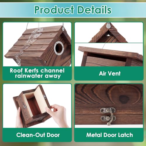 Dreyoo 2 Pack Wren House, 1-1/8'' Entrance Hole Hanging Wooden Wren Bird Houses for Outside with Metal Guard, Air Vents, Pine Wood for Chickadees (Burnt Wood Color) - color: Burnt Wood Color