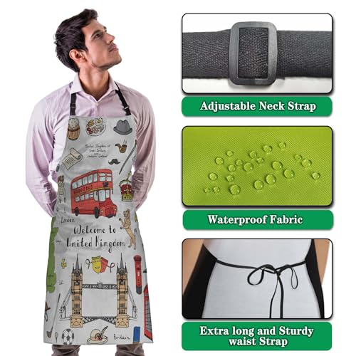 Barista Apron Women London Elements British Symbols Fun Aprons for Men for Kitchen Cooking Restaurant BBQ Painting Crafting Gardening 27” (W) x 31” (H), Waterproof Apron - color: London Elements Symbols