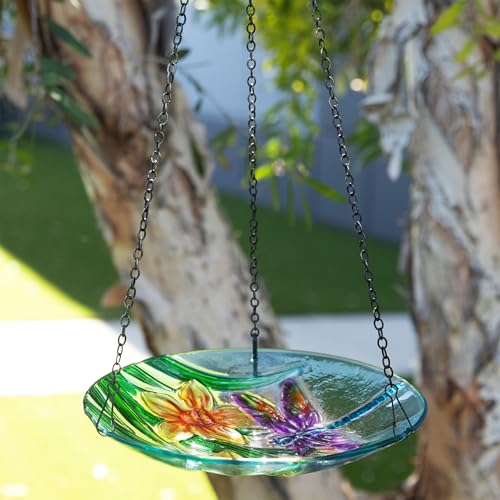 Alpine Corporation KBD158 Outdoor Hanging Glass Bird Feeder and Birdbath, Floral and Dragonfly Design with Chain, 10" W, Yellow - style: Floral and Dragonfly