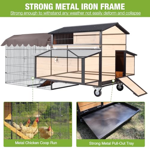 GUTINNEEN Mobile Chicken Coop with Strong Iron Frame Outdoor Hen House with Run Poultry Cage with Waterproof Roof,Nesting Box,Pull-on Tray,6-8 Chickens - size: 76.7"L x 53.8"W x 36.8"H