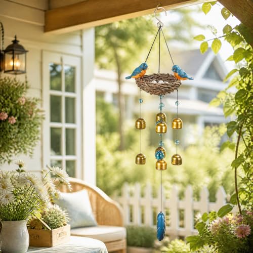 Wind Chime for Outside, Blue Bird Resin Wind Bells for Garden Decor | 27.5" Wind Chimes Outdoor with Resin Blue Bird Statues and 8 Metal Bells, Soothing Tone Wind Bell Chimes, Housewarming Gifts - size: Birds