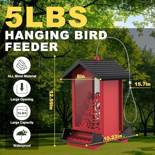 Squirrel Proof Bird Feeder for Outdoor Hanging,Metal Bird Seed Feeder with Bilateral Weight Activated Perches,5LB Large Capacity Wild Bird Feeders for Outside,Easy Refill and Clean,Red - color: Red
