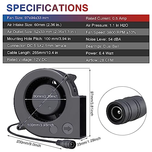 97mm x 33mm Small Centrifugal Blower Cooling Fan, Dual Ball 12V | with 110V–220V AC Variable Speed, High CFM Squirrel Cage Fan for Car Amp,Electronic Ventilation, DIY Inflatable Replacement - style: 97mm X 33mm