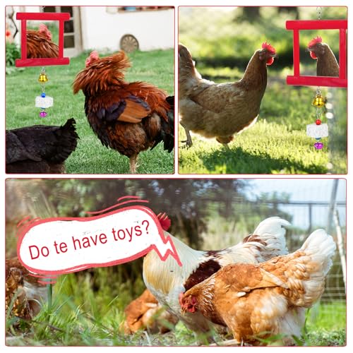 3 Packs Chicken Toys for Coop, Hen Chicken Coop Mirrors Bird Toy with Bells Hanging Parrot Grindstone Bird Beak Stones for Chicks Parrots Birds Hens - color: Red