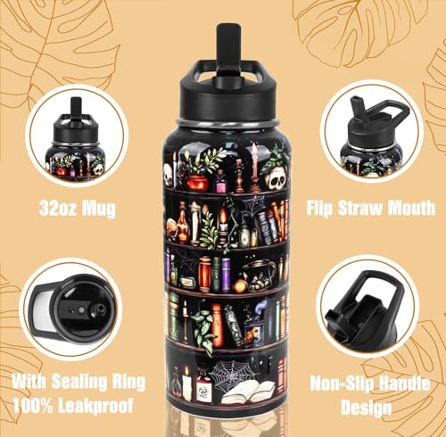 Bookshelf Water Bottle with Straws Halloween Skull Goth Insulated Bottles Travel Thermal Double Walled Vacuum Cup Leak Proof Tumbler Gifts for Readers,Reading,Bookish,Librarian-32 oz - color: black books