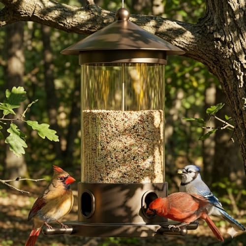 Metal Bird Feeder for Outdoor Hanging - Premium Iron Wild Bird Feeders, Bronze Heavy Duty Iron with Drainage Holes, One-Handed Refill Sliding Roof, Elegant Minimalist Garden Decor